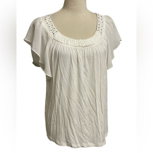 AGB White Blouse w/Sheer Flutter Sleeves & Silver Bejeweled Neckline (Size: Med) - Picture 3 of 12